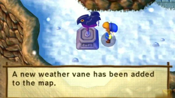 Link beside the second Death Mountain weather vane with the added-to-the-map message showing