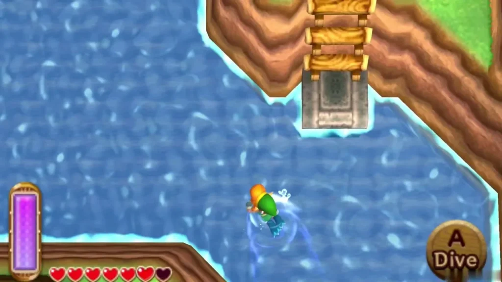 Link swimming across Lake Hylia toward the island dungeon entrance