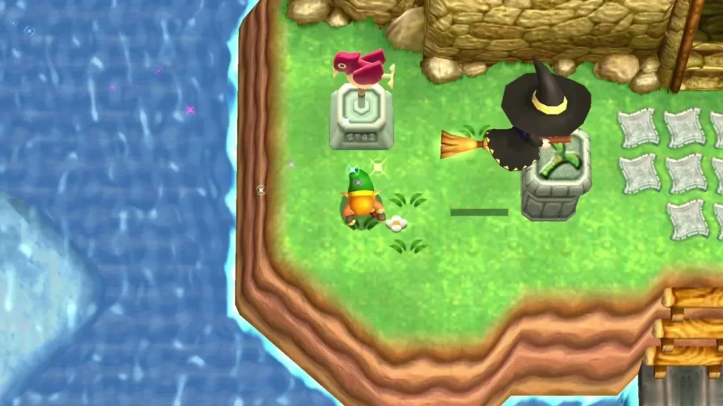 Link beside the weather vane on the lake island as Irene flies in with her broom