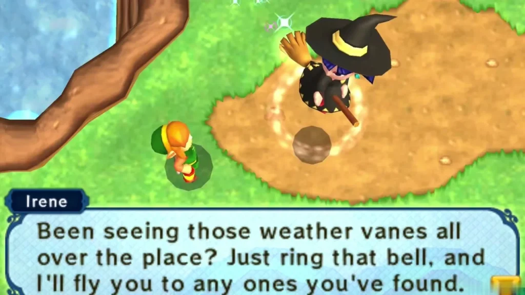 Irene on her broom explaining the weather vanes and that ringing the bell lets her fly Link to them