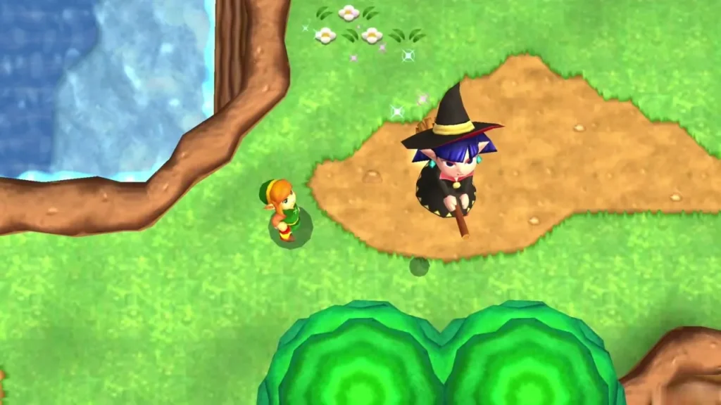 Irene on her broom above the sand by the lake, with Link waiting on the grass below