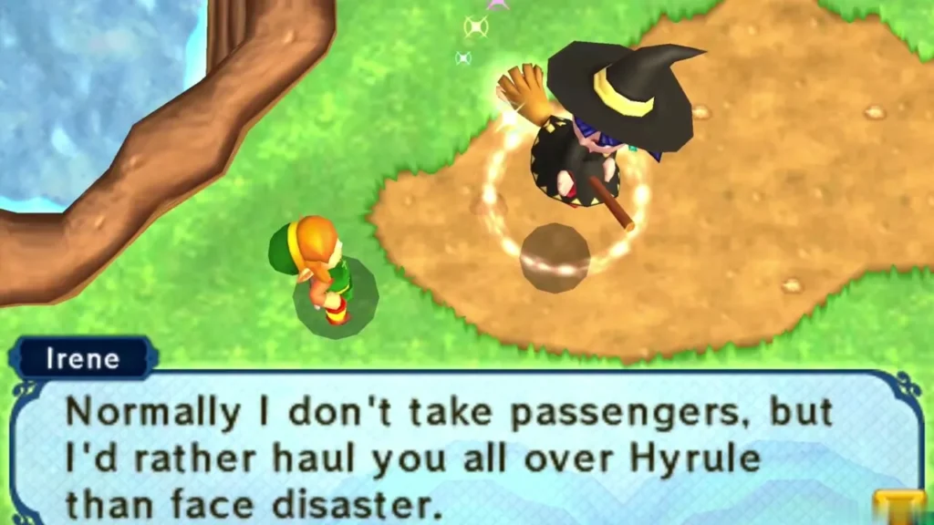 Irene hovering on her broom over the sand, saying she would rather haul Link around Hyrule