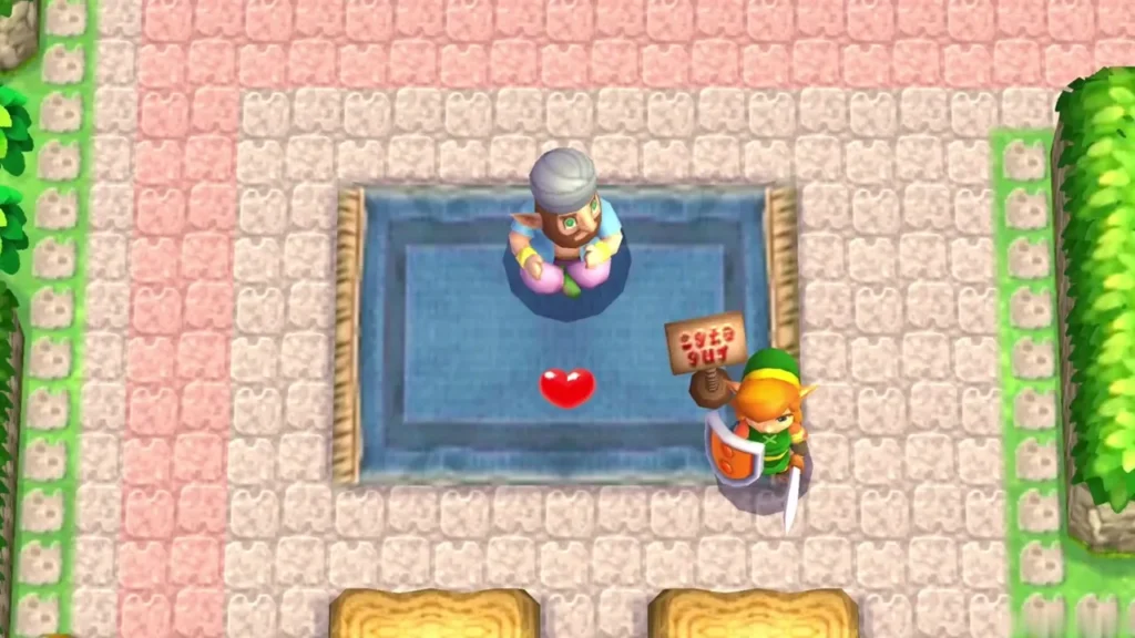 Link beside the Street Merchant's blue carpet in Kakariko Village