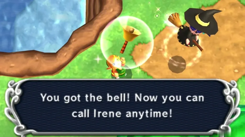 Link holding up the Bell in a green glow, the box saying he can now call Irene anytime