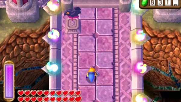 Link walking up a pink-tiled hall toward a dark bird weather vane on its pedestal, purple crystal pillars along the walls