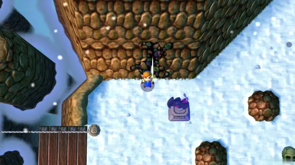 Link stepping onto the snowy ledge of Lorule Death Mountain with the dark-bird vane just ahead