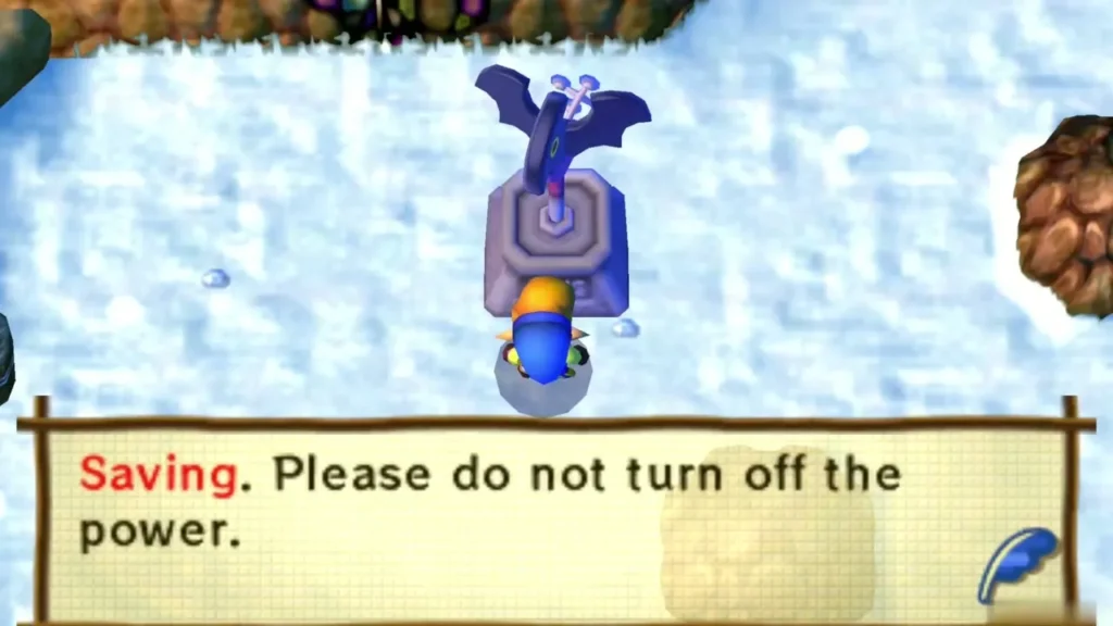 Link at the snowy Lorule Death Mountain vane while the game saves