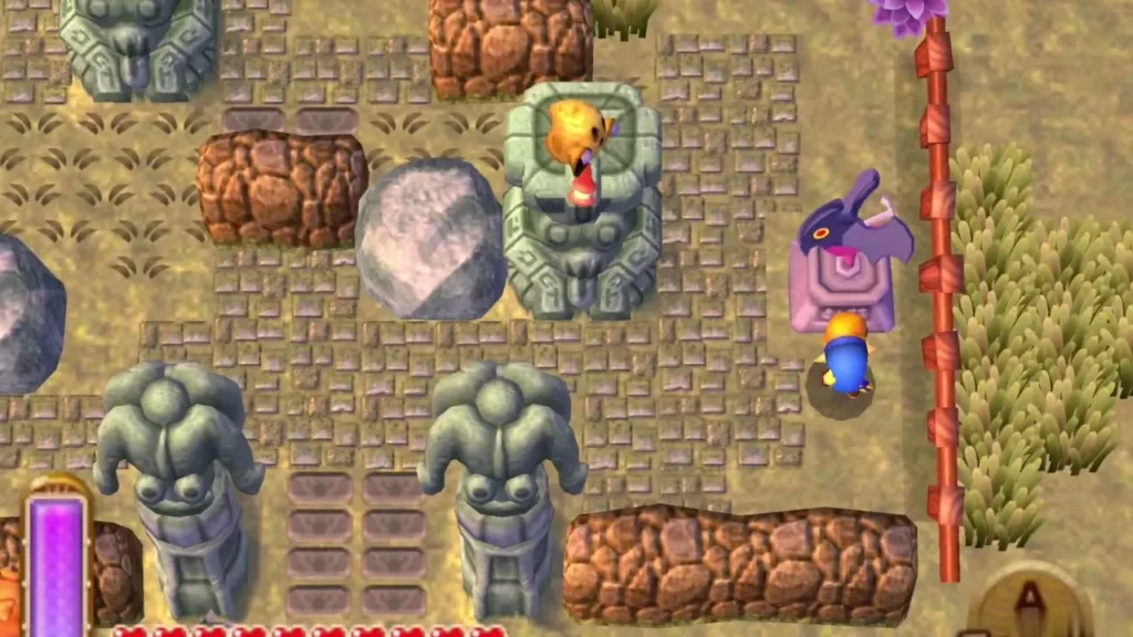 Link walking up to the dark-bird Weather Vane among the stone statues of the Lorule Graveyard