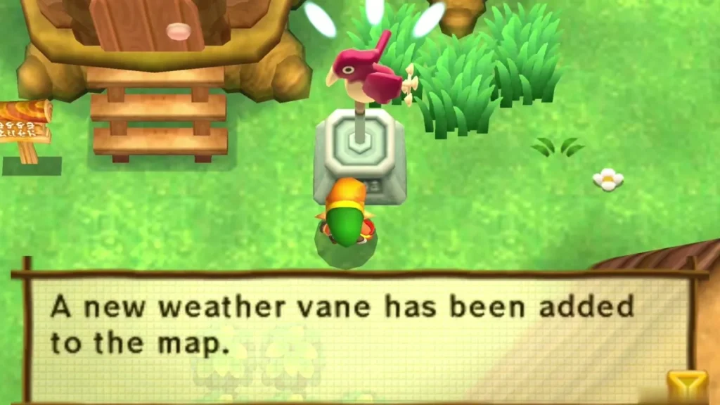 Link at a weather vane, the box reading A new weather vane has been added to the map