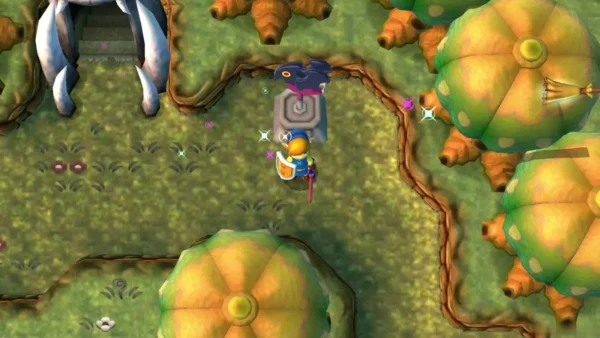 Link beside a dark-bird weather vane, with the bone-tooth Skull Woods entrance at the top left