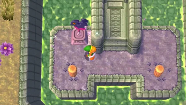 Link beside a dark-bird weather vane on a purple courtyard before a tall stone gate in Lorule