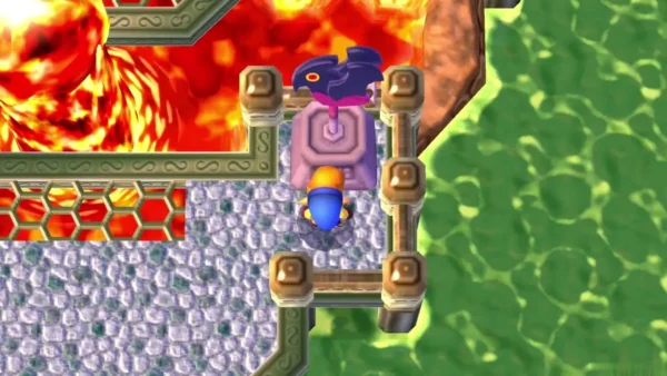 Link beside a dark bird weather vane on a pink pedestal, with lava and hex grates behind it and green lake to the right