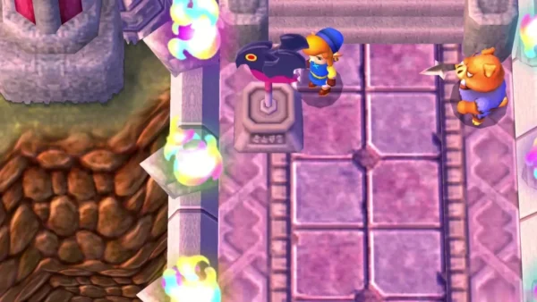 Link beside a dark-bird weather vane on a pedestal in a pink-tiled Lorule courtyard