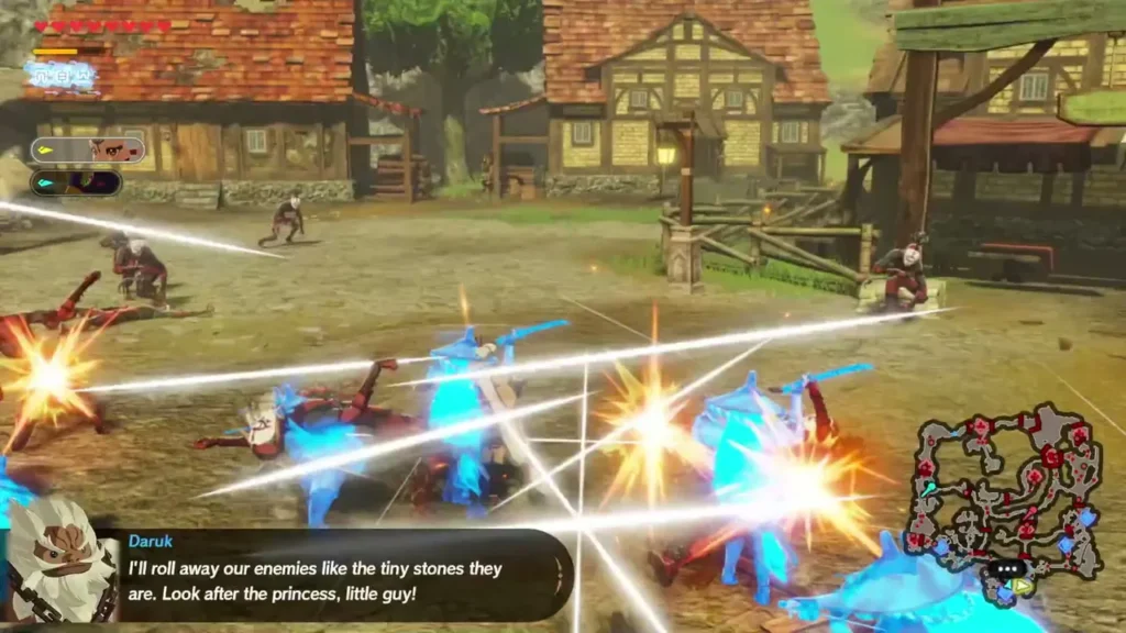 Daruk fights beside Link in the village square during The Yiga Clan Attacks!