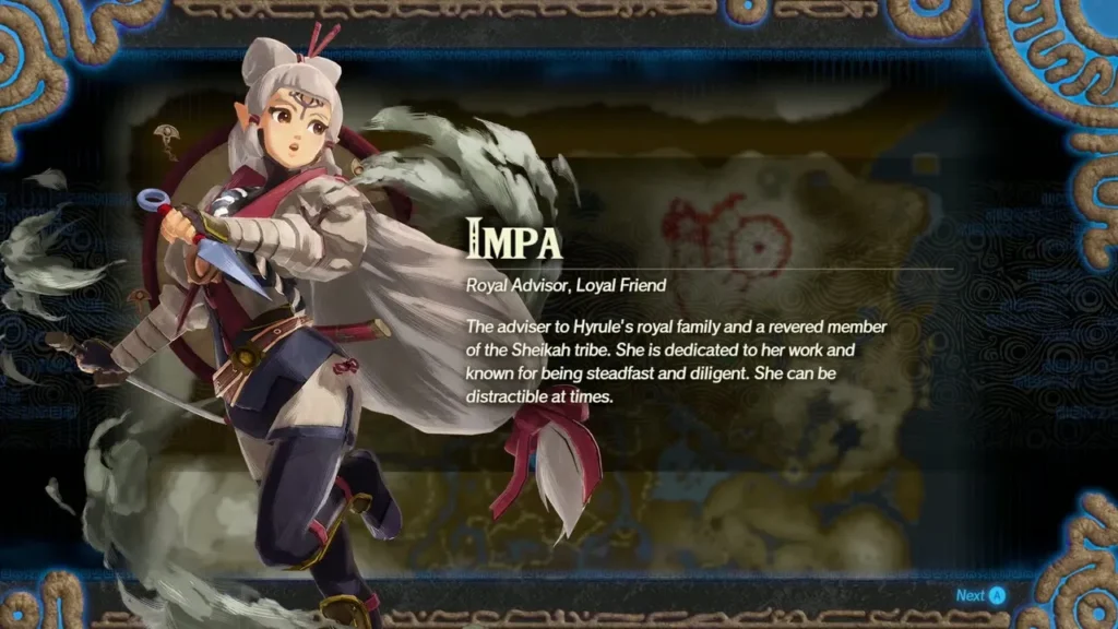 Impa's name card, Royal Advisor, Loyal Friend, appears after The Battle of Hyrule Field