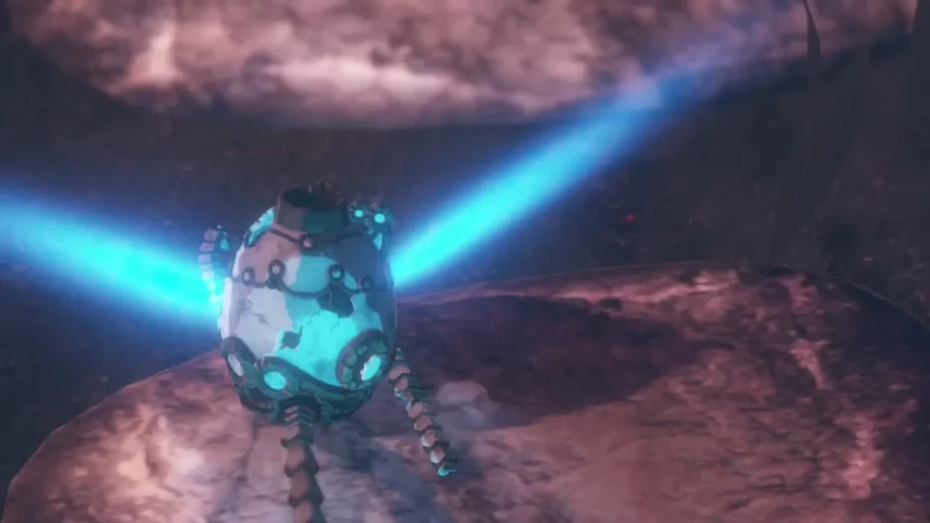 Terrako's blue beams light the rocky ground in a cutscene during the Calamity Ganon fight