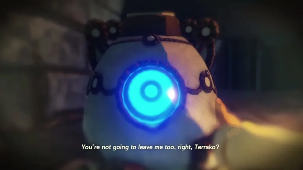 Terrako's blue eye lights up as Zelda speaks to it in the Sheikah lab flashback