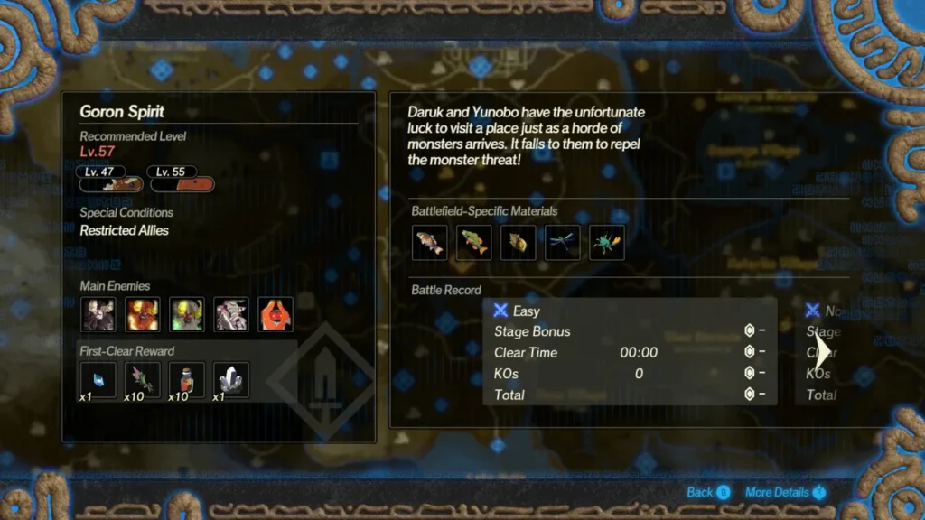 Official artwork of a Battle Info screen for a challenge, listing its recommended level and first-clear rewards