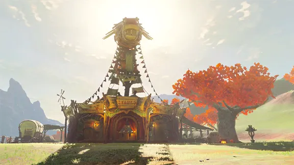 Official artwork of the East Akkala Stable, an ornate wooden stable with a tall banner tower under a sunlit sky Official artwork of the East Akkala Stable, an ornate wooden stable with a tall banner tower under a sunlit sky