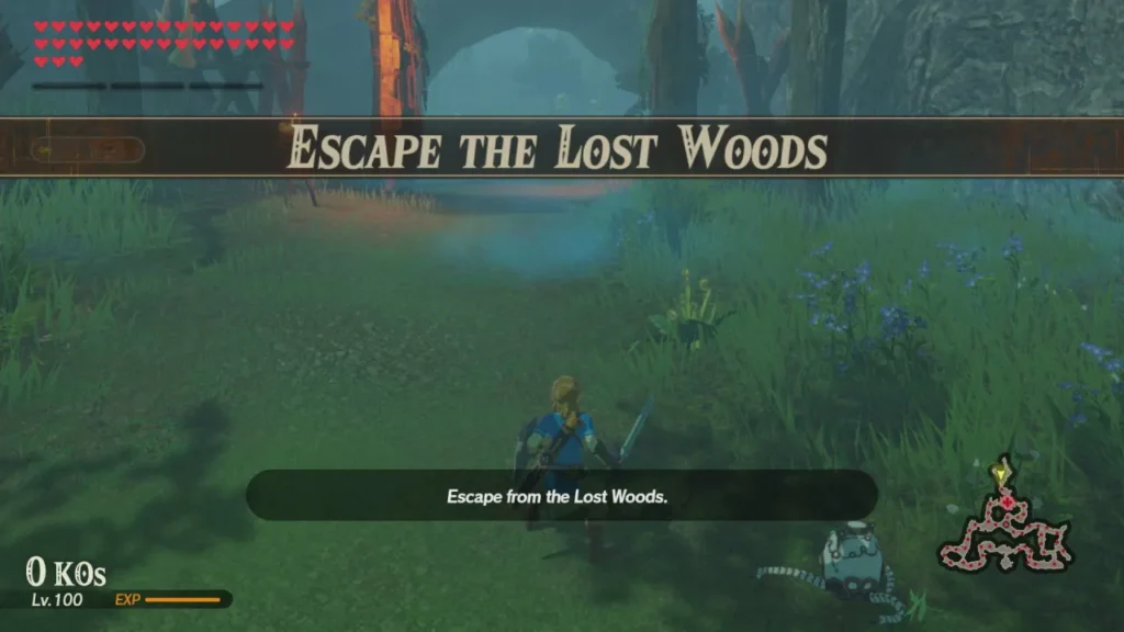 Official artwork of the Escape the Lost Woods challenge, Link on a misty path under its title card