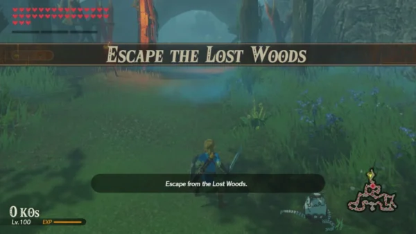 Escape the Lost Woods title card with Link on a grassy path in a misty forest