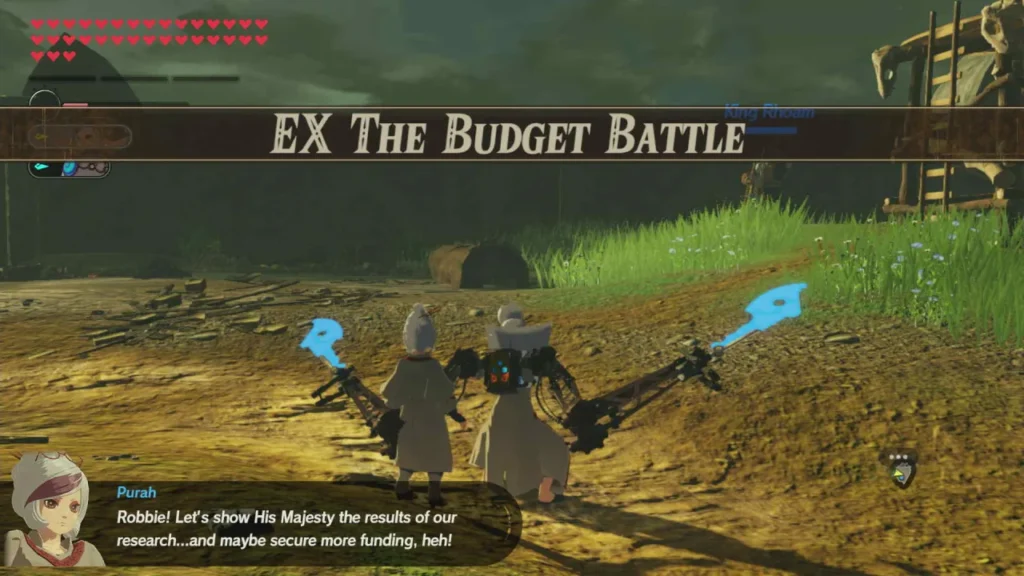 Official artwork of EX The Budget Battle, Purah and Robbie on a muddy road under its title card
