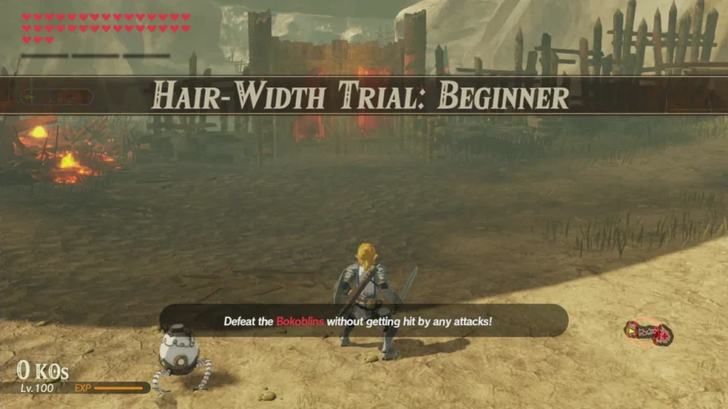 Official artwork of Hair-Width Trial: Beginner, Link facing Bokoblins beside a wooden palisade