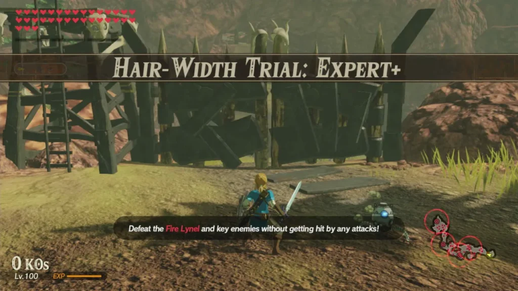 Official artwork of Hair-Width Trial: Expert+, Link by a spiked wooden barricade with the Fire Lynel objective on screen