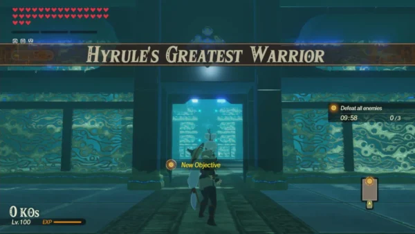 Official image of the Hyrule's Greatest Warrior banner over a glowing teal stone hall