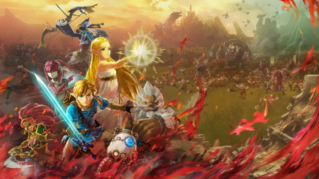 Official promotional image of Link, Zelda and the Champions against a red-lit battlefield