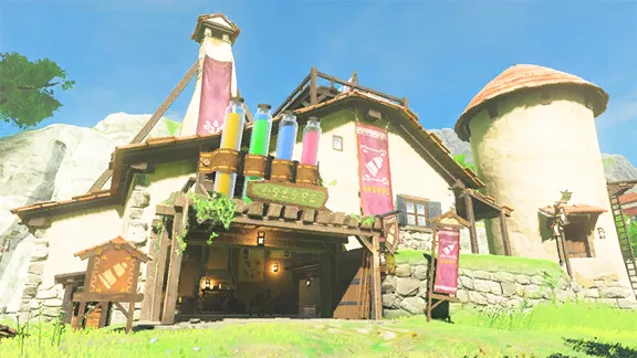 Official artwork of the Kochi Dye Shop, a stone shop with a round tower and dye bottles stacked on its roof Official artwork of the Kochi Dye Shop, a stone shop with a round tower and dye bottles stacked on its roof