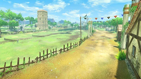 Official artwork of a fenced dirt road through a village, with banners and a stone watchtower beyond Official artwork of a fenced dirt road through a village, with banners and a stone watchtower beyond