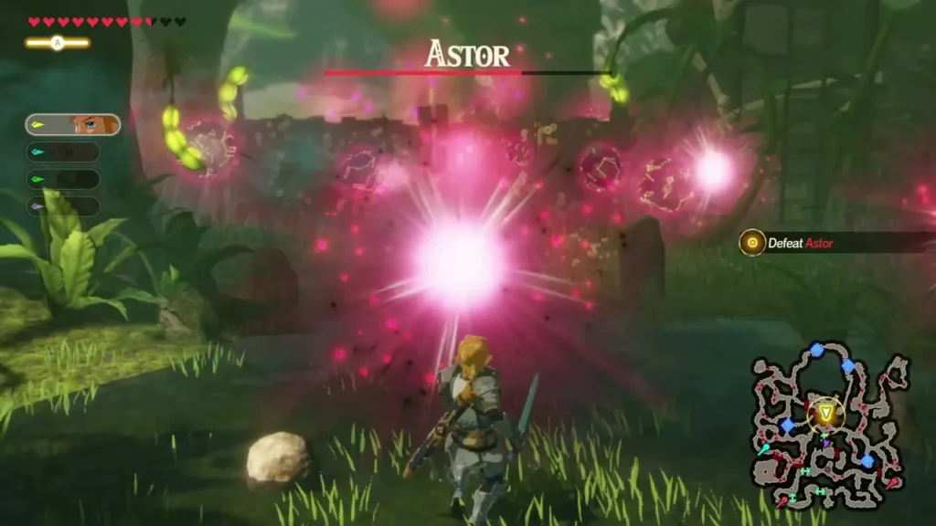 Astor's name bar shows over a burst of pink Malice energy while Link fights in the Korok Forest Astor's name bar shows over a burst of pink Malice energy while Link fights in the Korok Forest