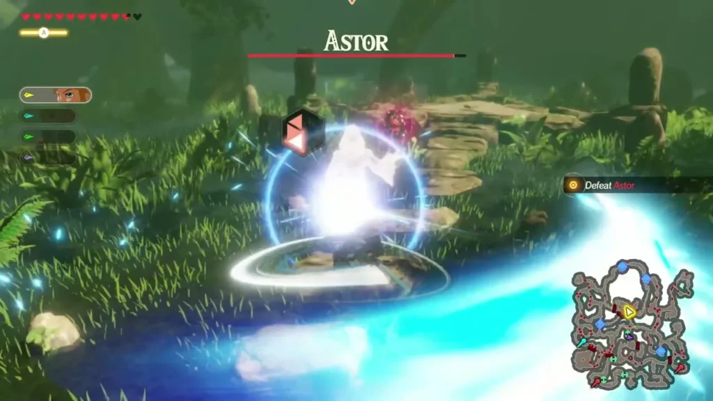 Astor's name bar appears over a glowing shield ring at the start of the Freeing Korok Forest battle Astor's name bar appears over a glowing shield ring at the start of the Freeing Korok Forest battle