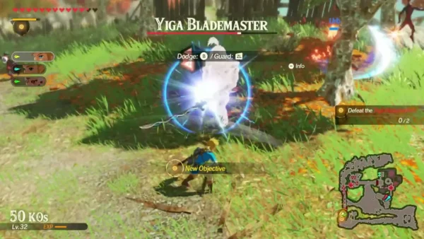 Link faces a Yiga Blademaster on the first bridge with the Dodge and Guard prompts on screen Link faces a Yiga Blademaster on the first bridge with the Dodge and Guard prompts on screen