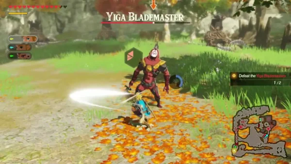 Link slashes a Yiga Blademaster while the Defeat the Yiga Blademaster objective counts 1 of 2 Link slashes a Yiga Blademaster while the Defeat the Yiga Blademaster objective counts 1 of 2