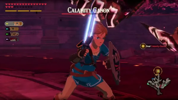 Link readies his sword against Calamity Ganon, whose name bar shows at the top of the screen Link readies his sword against Calamity Ganon, whose name bar shows at the top of the screen