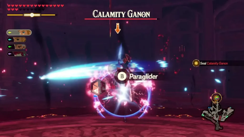 Link faces Calamity Ganon with the Paraglider prompt on screen and the Seal Calamity Ganon objective shown Link faces Calamity Ganon with the Paraglider prompt on screen and the Seal Calamity Ganon objective shown