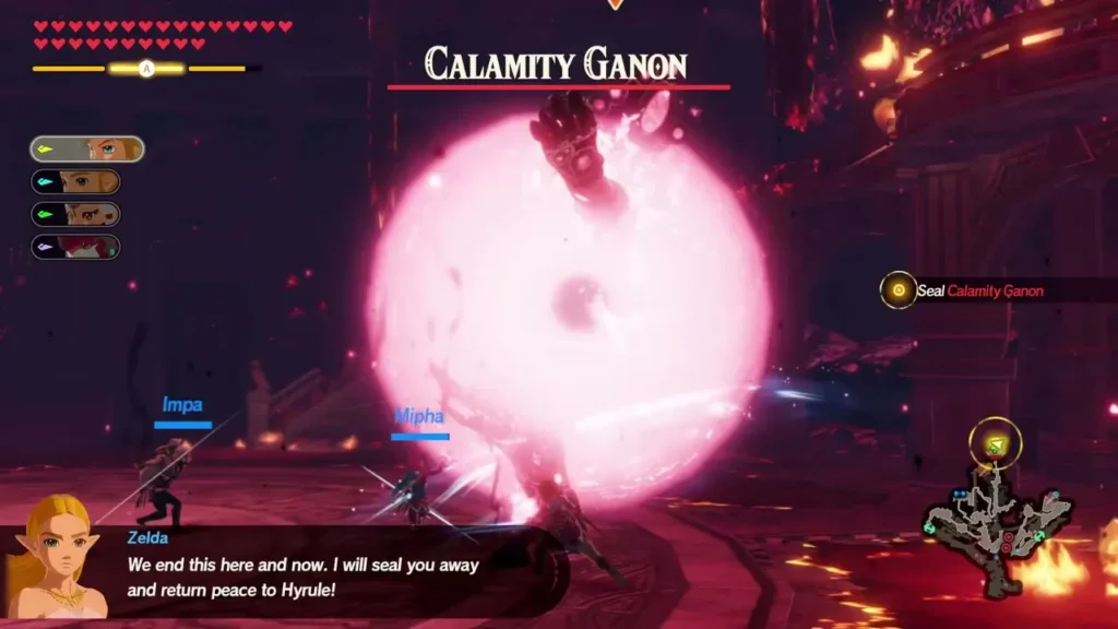 Calamity Ganon's name bar appears as Zelda vows to seal it away, with a pink energy burst in the hall Calamity Ganon's name bar appears as Zelda vows to seal it away, with a pink energy burst in the hall