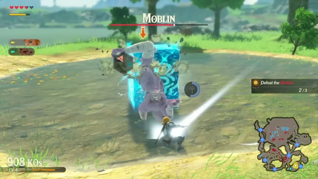 A Moblin is frozen inside a blue Cryonis ice block while Link runs in for the strike A Moblin is frozen inside a blue Cryonis ice block while Link runs in for the strike