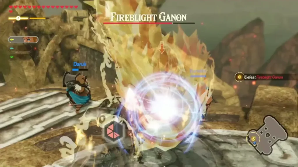 Daruk fights Fireblight Ganon in Vah Rudania, with its name bar and the Defeat Fireblight Ganon objective on screen Daruk fights Fireblight Ganon in Vah Rudania, with its name bar and the Defeat Fireblight Ganon objective on screen