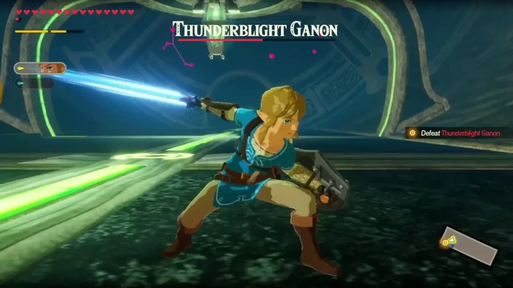 Link strikes Thunderblight Ganon inside Vah Naboris under the Defeat Thunderblight Ganon objective Link strikes Thunderblight Ganon inside Vah Naboris under the Defeat Thunderblight Ganon objective