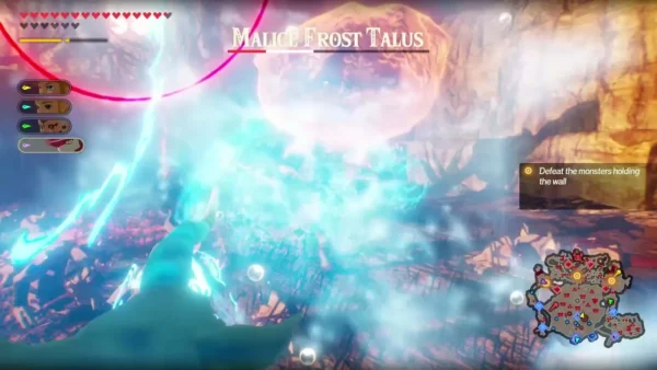 Malice Frost Talus's name bar shows as Link fights at the wall under the Defeat the monsters holding the wall objective Malice Frost Talus's name bar shows as Link fights at the wall under the Defeat the monsters holding the wall objective