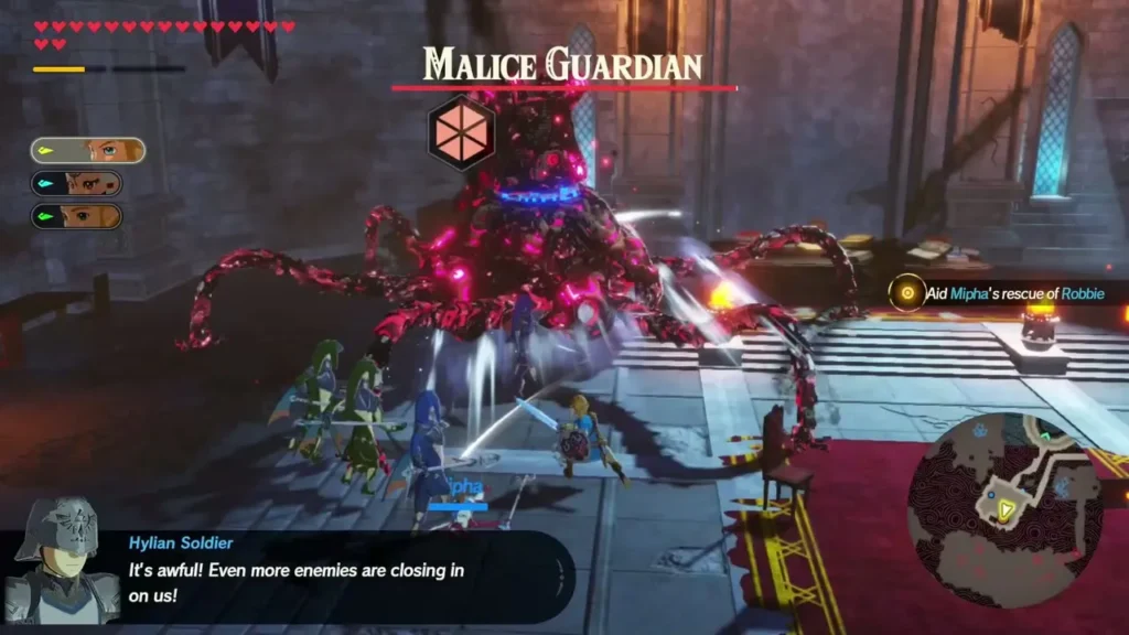 A Malice Guardian stands in the citadel square as a Hylian soldier warns that enemies are closing in A Malice Guardian stands in the citadel square as a Hylian soldier warns that enemies are closing in