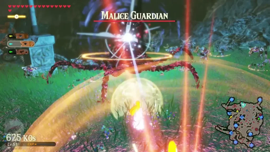 A Malice Guardian's name bar shows at the top of the screen as its red beams cut across the battlefield A Malice Guardian's name bar shows at the top of the screen as its red beams cut across the battlefield