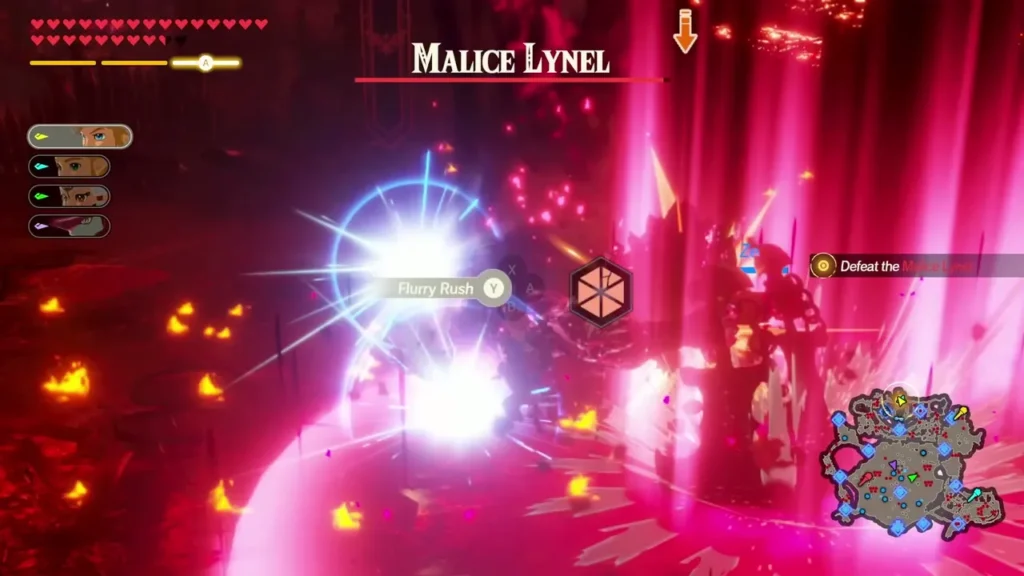 Link lands a Flurry Rush on the Malice Lynel, whose name bar and Defeat the Malice Lynel objective are on screen Link lands a Flurry Rush on the Malice Lynel, whose name bar and Defeat the Malice Lynel objective are on screen