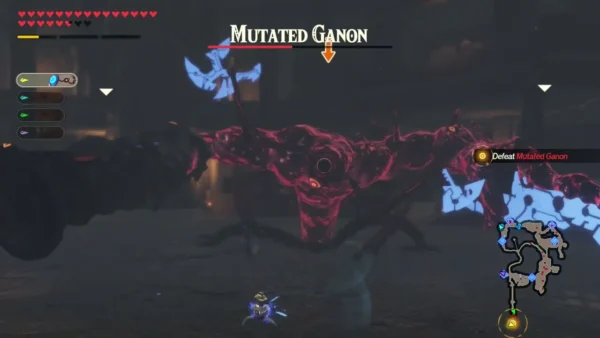 Mutated Ganon's red, writhing body fills a dark arena with Link small in front of it under its name bar Mutated Ganon's red, writhing body fills a dark arena with Link small in front of it under its name bar