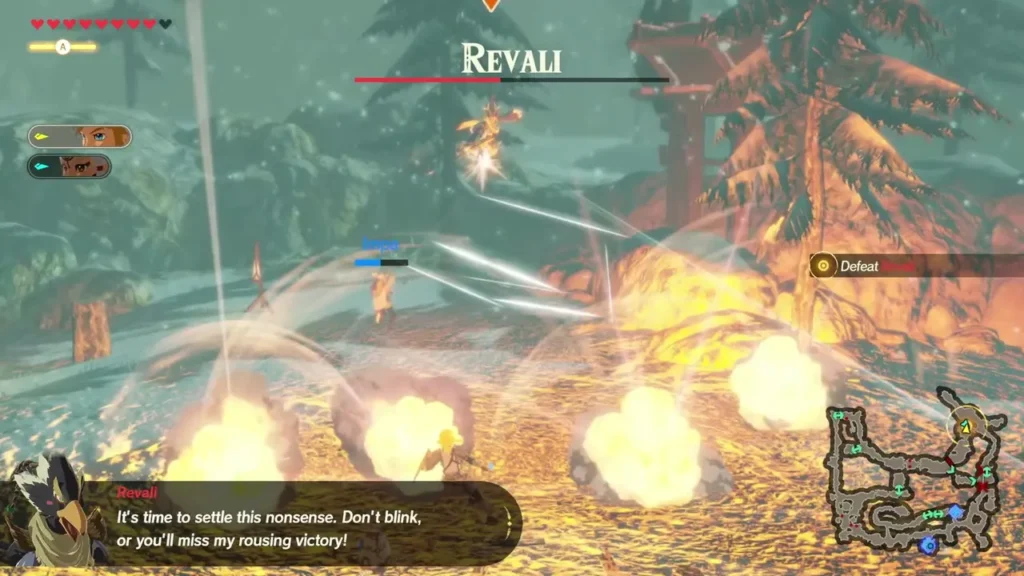 Explosions burst across the burning ground around Revali as he fires a barrage of arrows from the air Explosions burst across the burning ground around Revali as he fires a barrage of arrows from the air