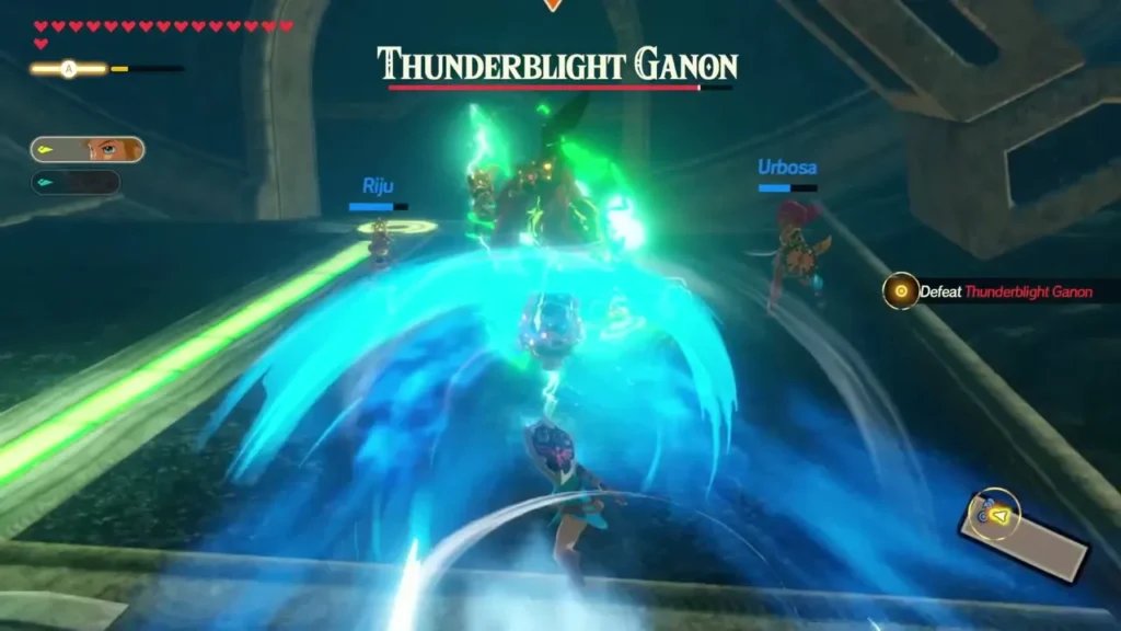 Riju and Urbosa fight beside Link as Thunderblight Ganon's name bar shows at the top of the screen Riju and Urbosa fight beside Link as Thunderblight Ganon's name bar shows at the top of the screen