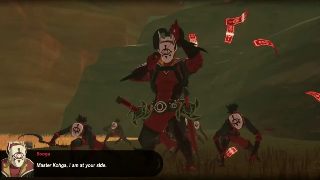 Sooga stands beside Master Kohga in the second fight, with Yiga masks and red paper charms around them Sooga stands beside Master Kohga in the second fight, with Yiga masks and red paper charms around them